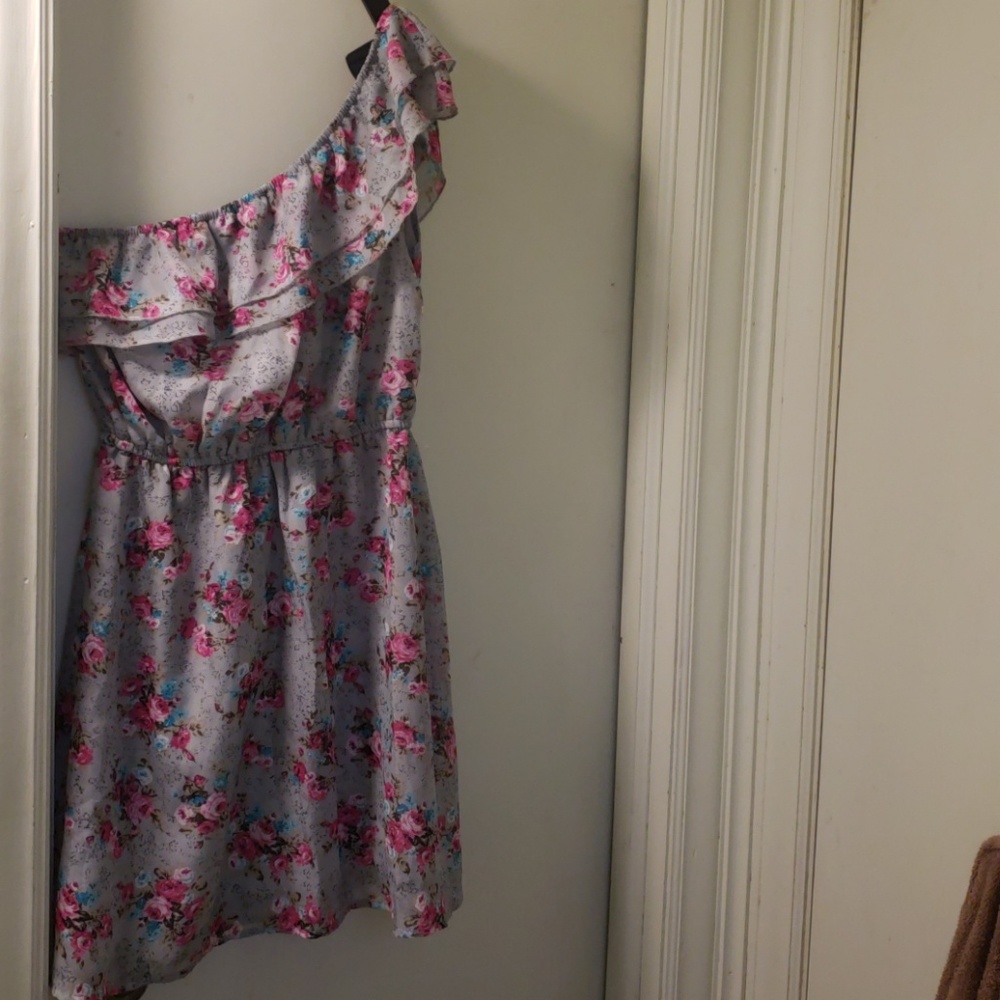 Floral gray over one shoulder dress